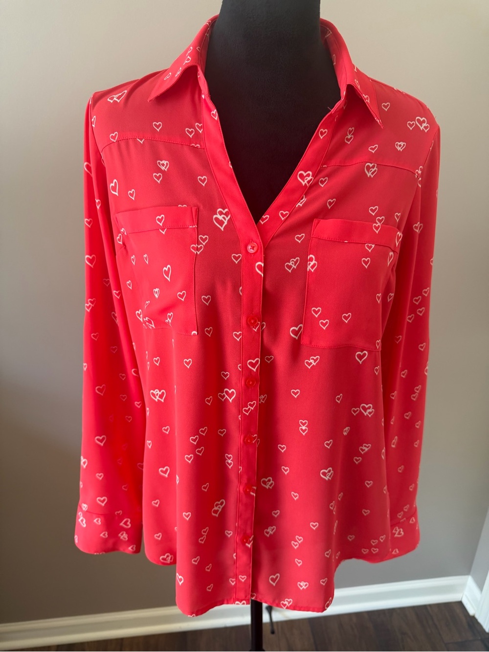 Express Portofino Shirt Rolltab Long Sleeves Coral White Hearts MED